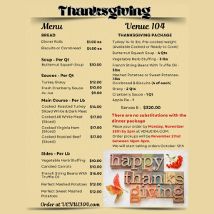 Venue 104 Cranford Thanksgiving Menu